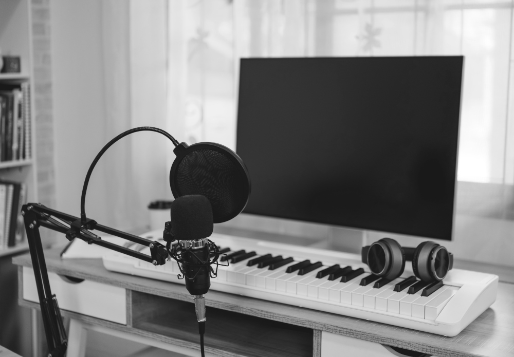Musicians collaborating in a home studio setting - a woman singing while a man plays acoustic guitar
